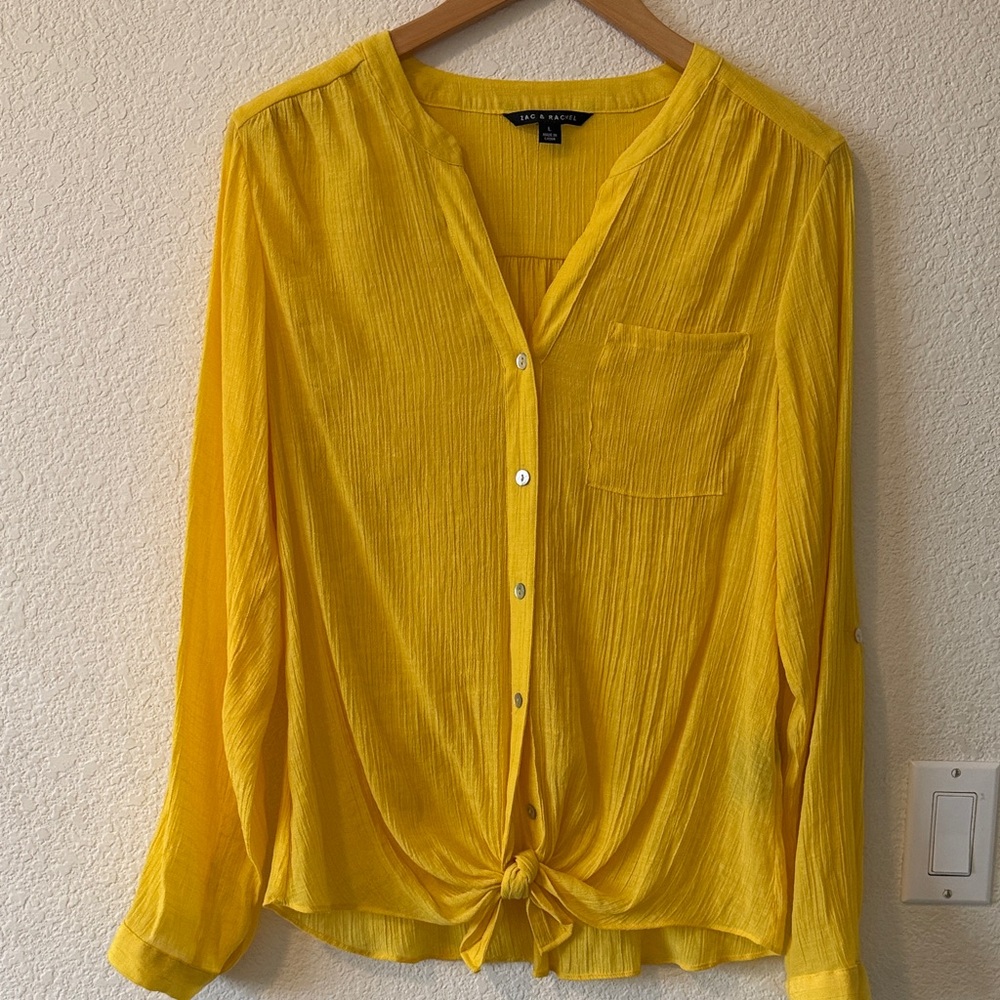 Zac & Rachel Tie Front Button Down Crinkle Blouse w/adjustable sleeves, Large